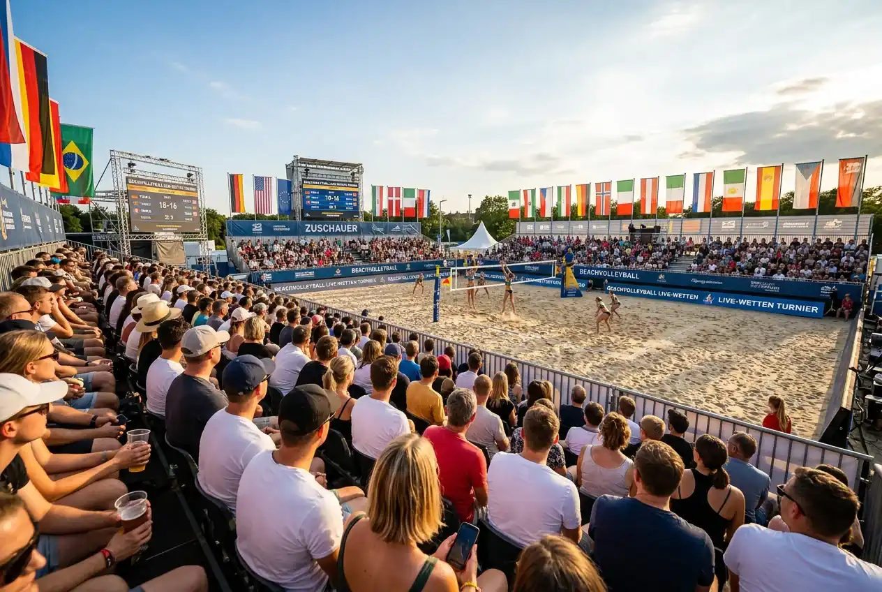 Beachvolleyball Live-Wetten — Zuschauer verfolgen ein professionelles Beachvolleyball-Match in einer Turnierarena